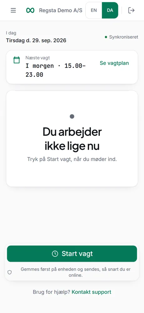 Regstas stempelur i telefonens browser: næste vagt er i morgen 15.00–23.00, medarbejderen arbejder ikke lige nu, og en stor Start vagt-knap.